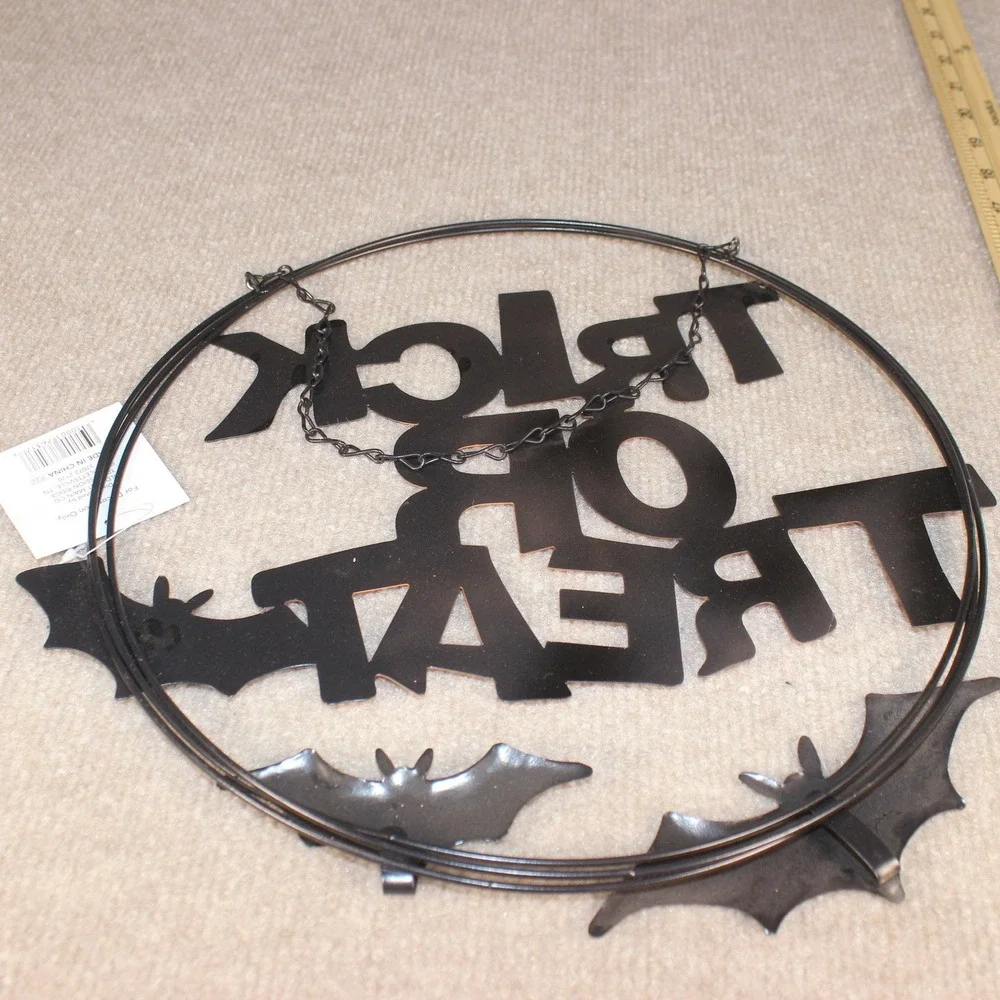 Halloween Trick or Treat Metal Wreath Wall Hanging Black Orange Bats Decor